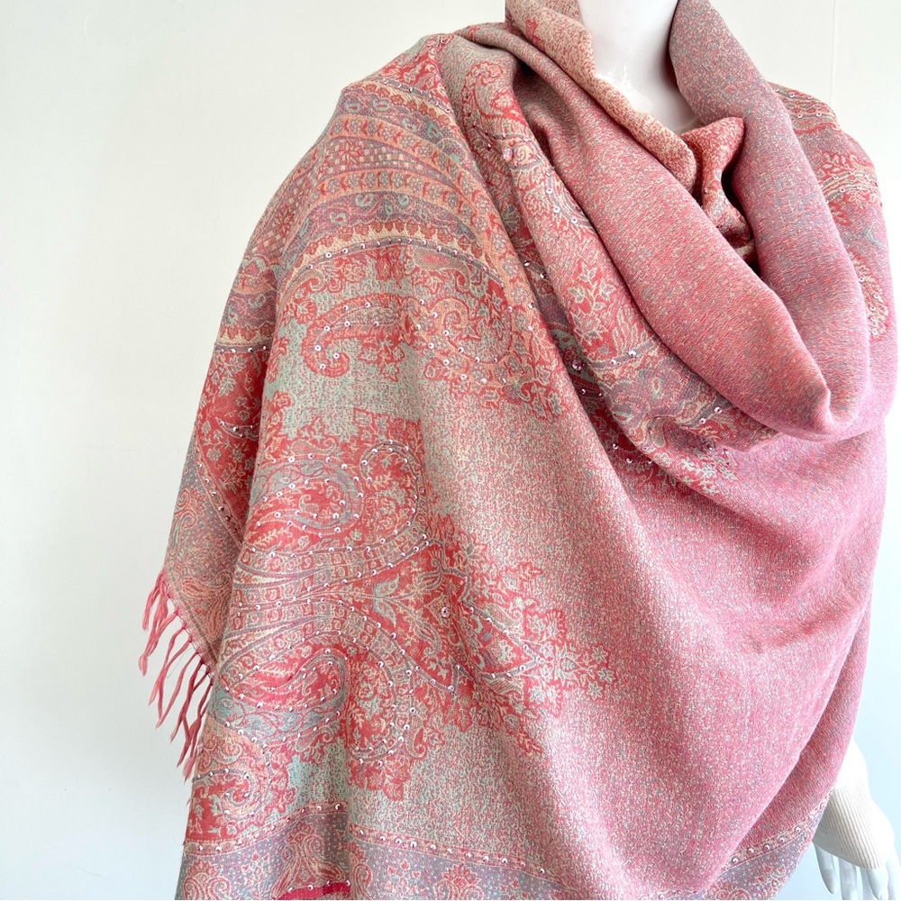100% Pashmina Handmade Pink Turquoise Paisley Crystal Bead Long Wrap Shawl Scarf - Picture 4 of 13